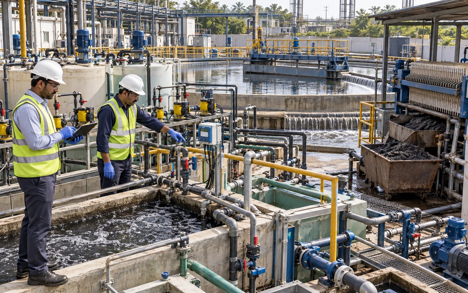 Engineers troubleshooting an electroplating ETP for metal removal and performance improvement