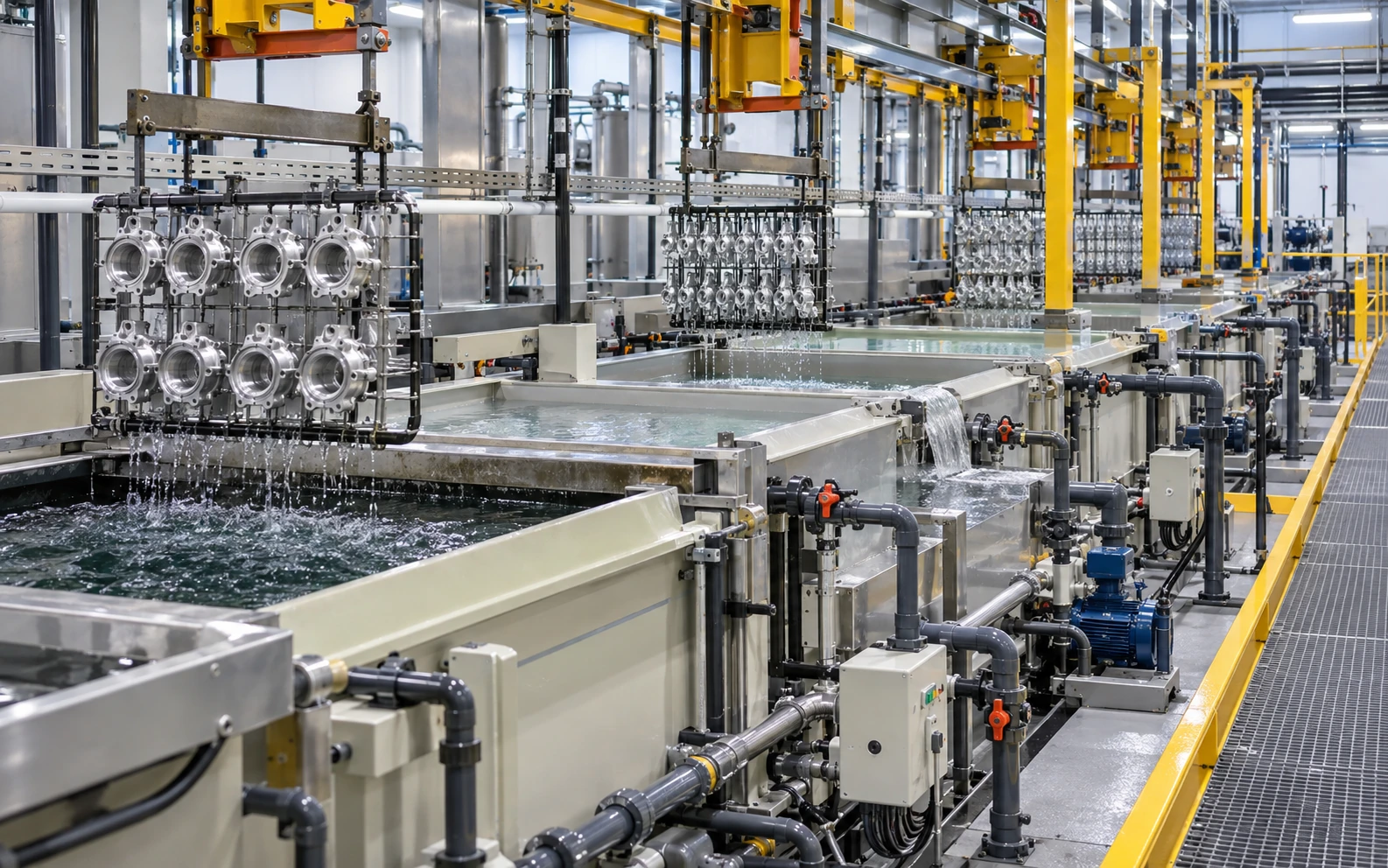 Electroplating process line with rinse-water generation and wastewater collection