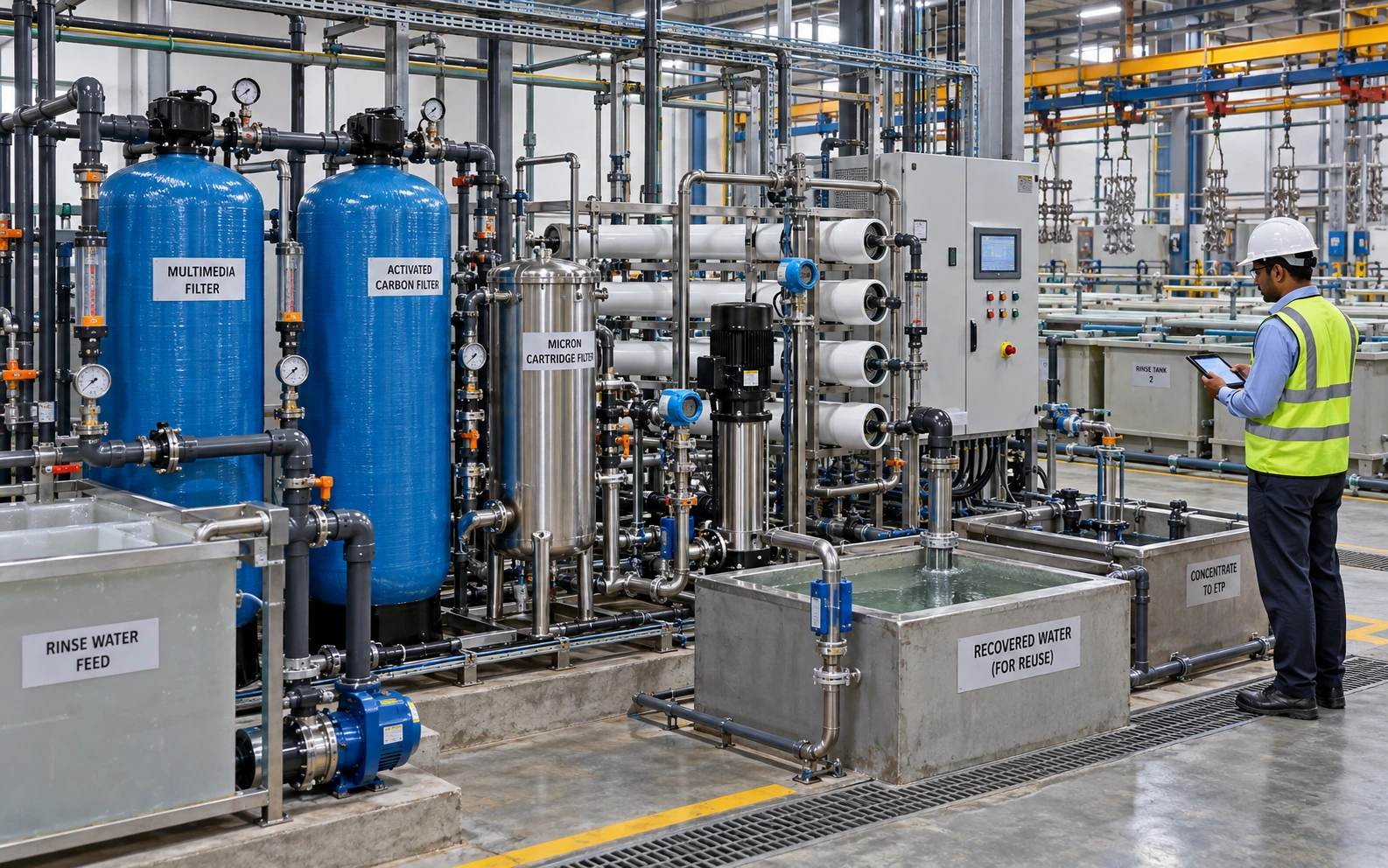 Electroplating rinse-water recovery system with online monitoring and reuse treatment