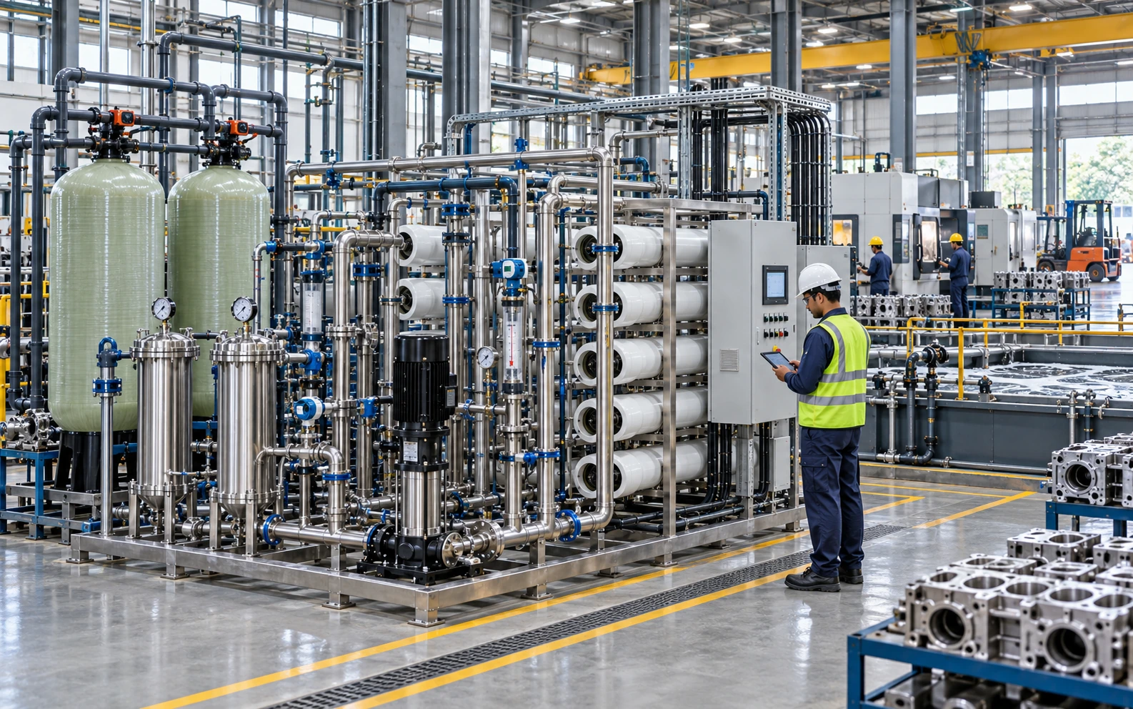 Machining facility with coolant wastewater collection and treatment infrastructure