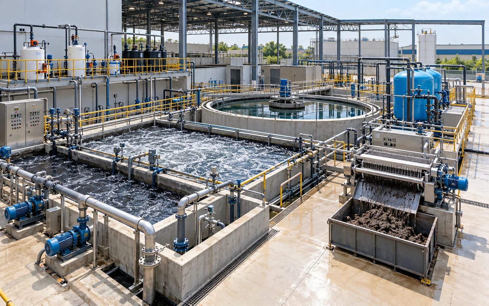 Industrial ETP process with treatment tanks, aeration, clarification and filtration