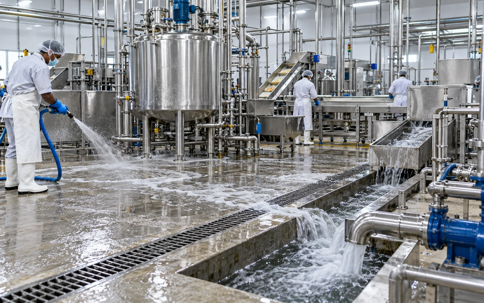 Food-processing cleaning and wash-water wastewater collection system