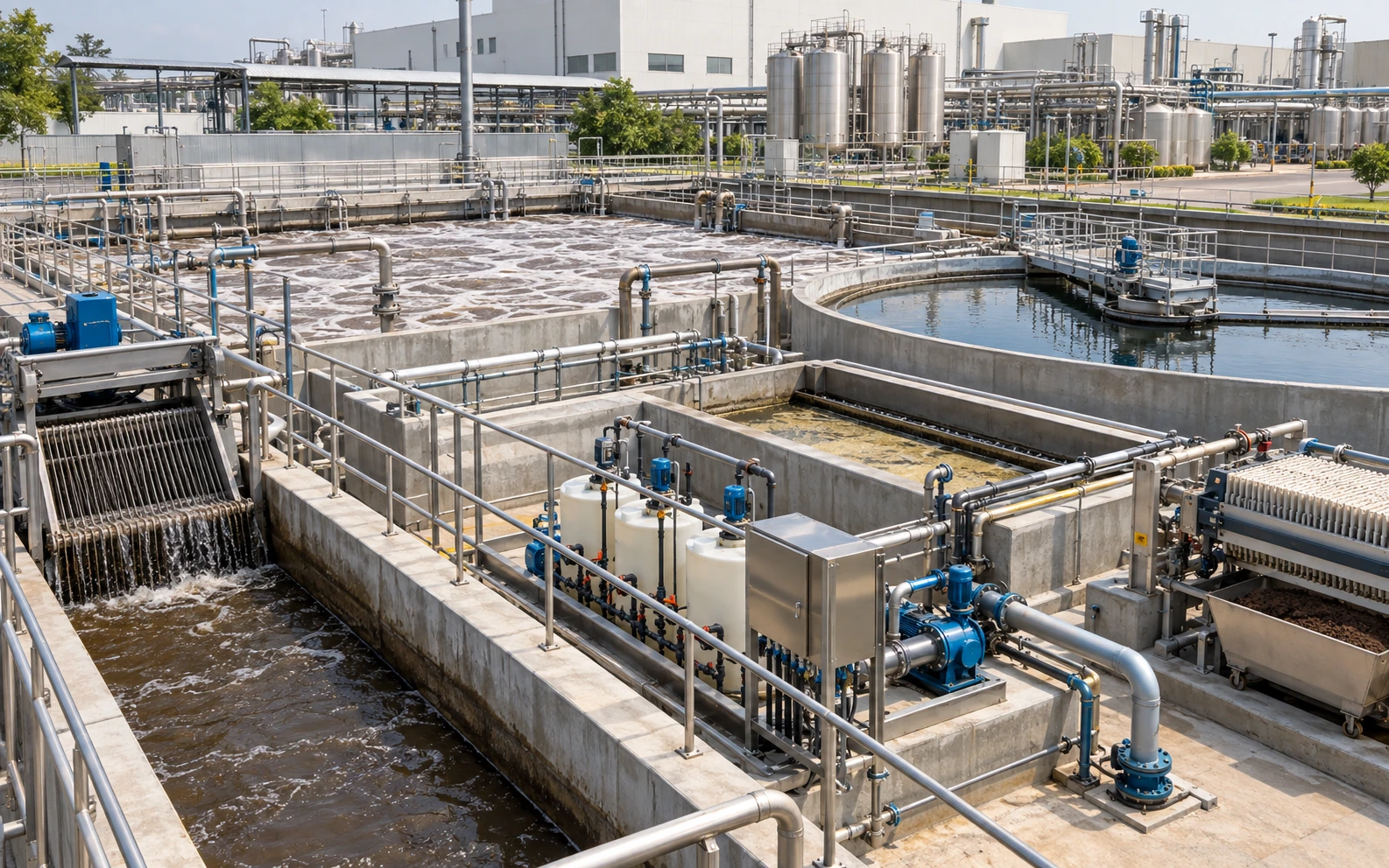 Food and beverage ETP with biological treatment, oil and grease control, clarification and filtration