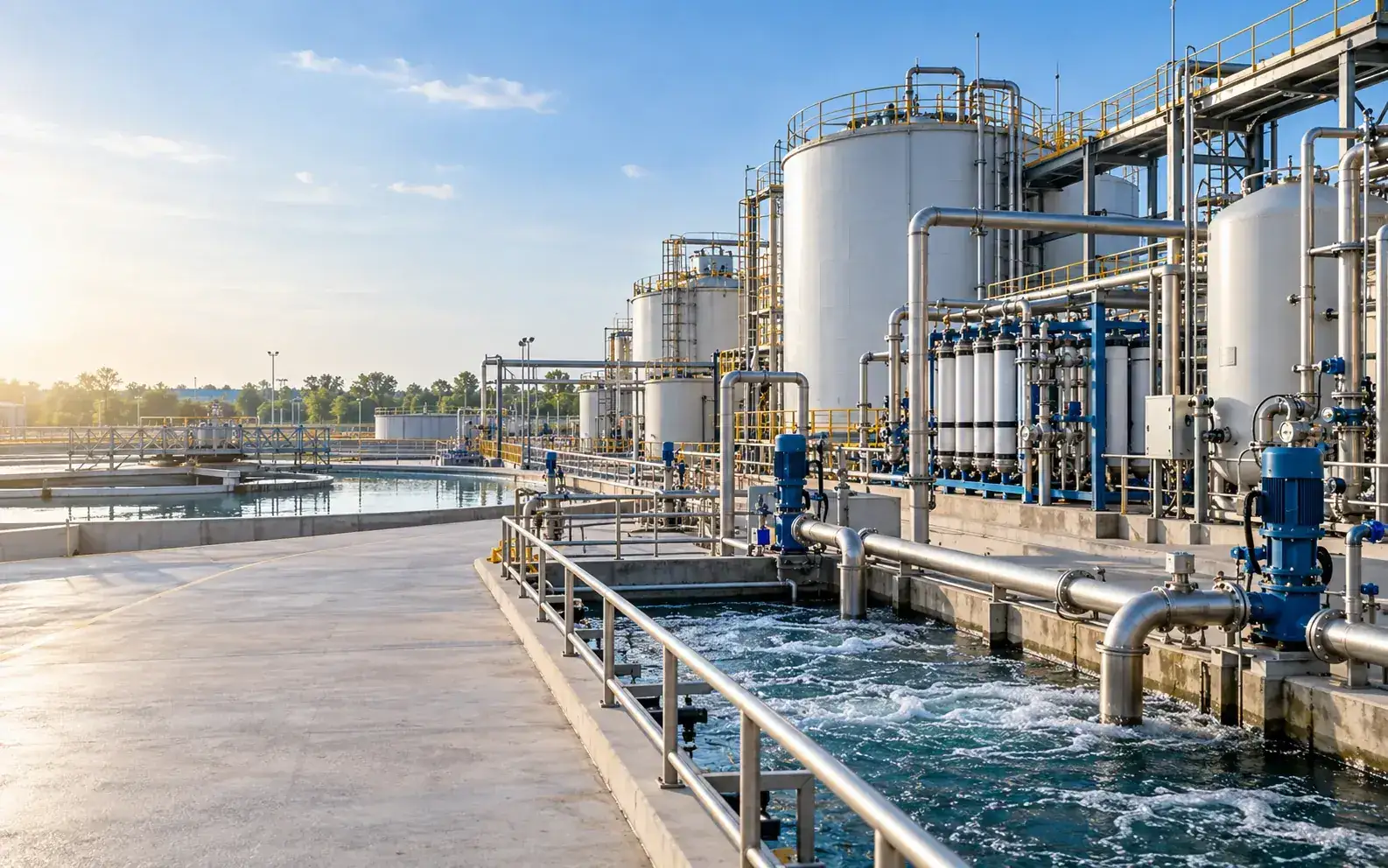 Industrial water and wastewater treatment plant with process tanks, pumps and pipelines