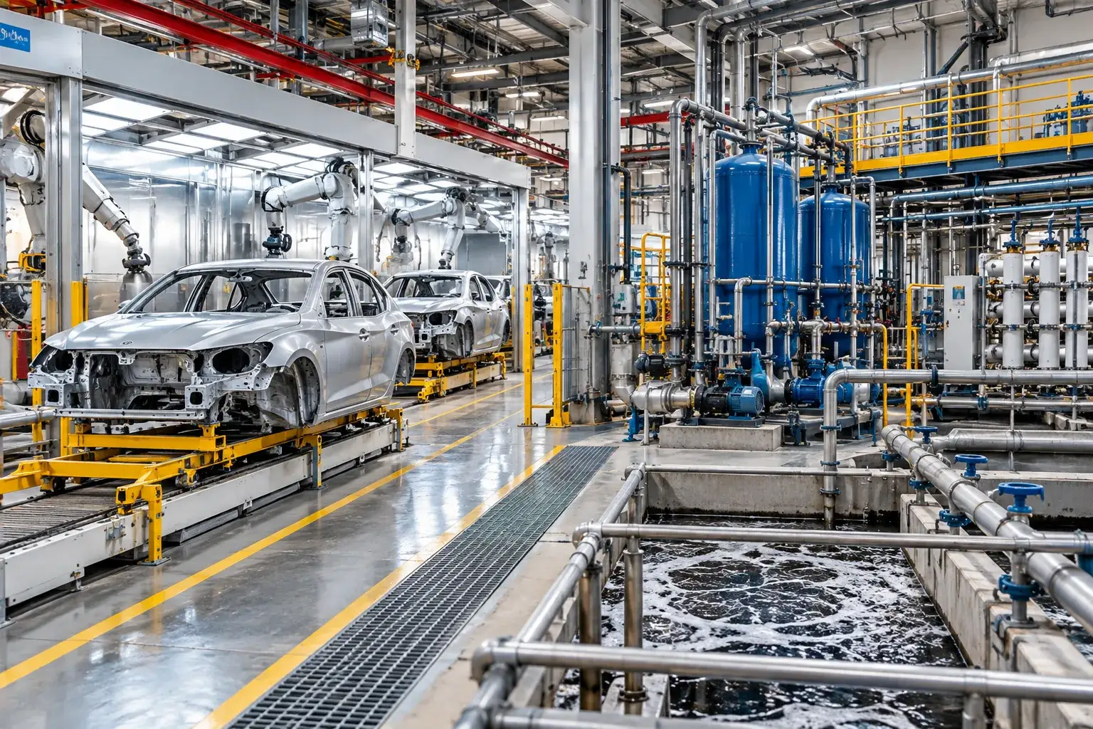 Automotive manufacturing facility with industrial water and wastewater treatment infrastructure
