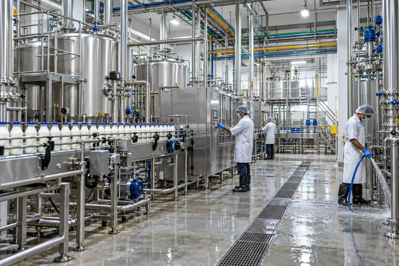 Food and beverage processing facility with wash water and treatment infrastructure