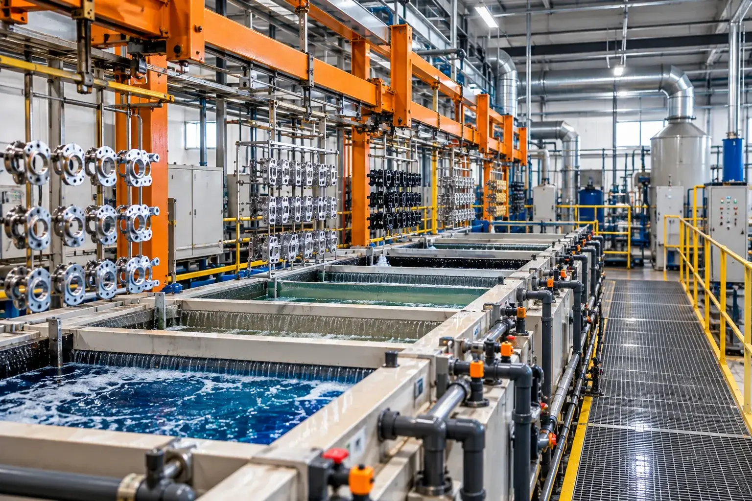 Surface treatment and electroplating process line with wastewater treatment context