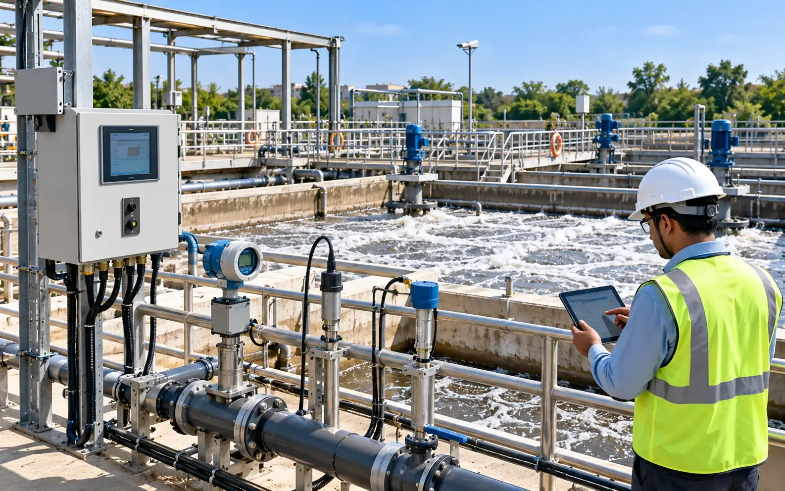 STP online monitoring with flow meters, dissolved oxygen sensors and process instrumentation