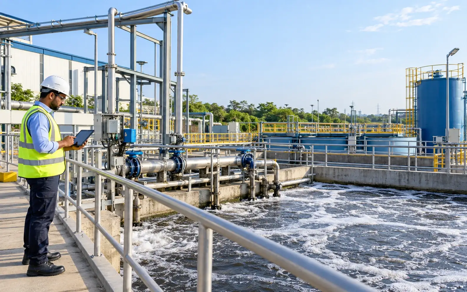 Plant engineer reviewing wastewater monitoring data beside an industrial treatment plant