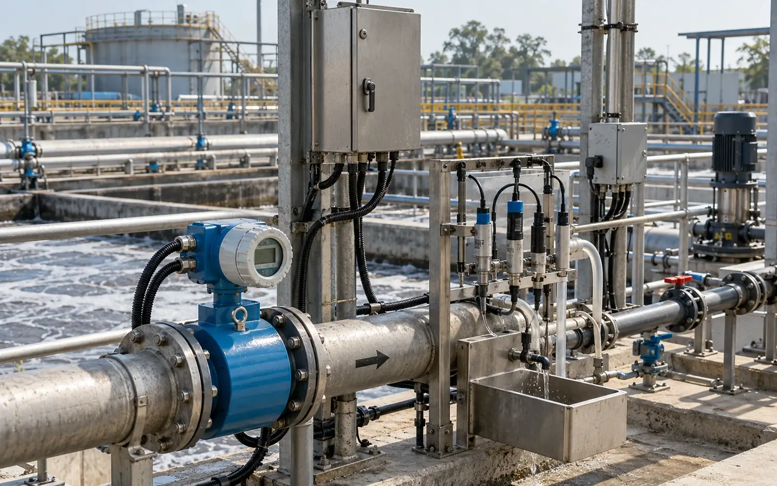 Wastewater sensors, online analyzers and flow meters installed on an industrial treatment plant