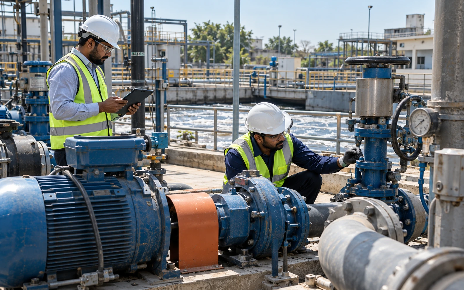 Treatment plant engineers inspecting pumps blowers and process equipment during troubleshooting