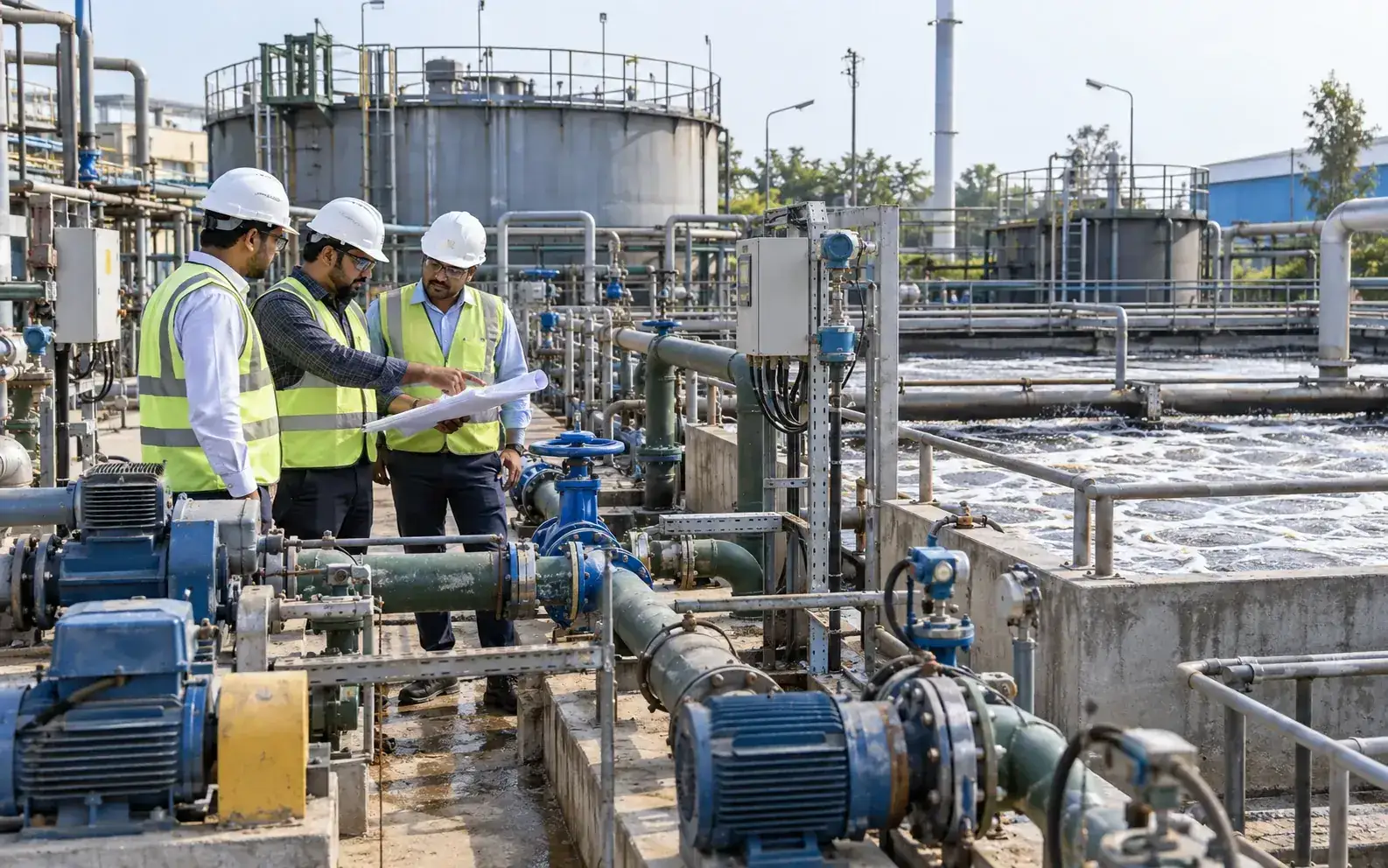 Engineers assessing an industrial ETP for revamping, troubleshooting and performance optimization