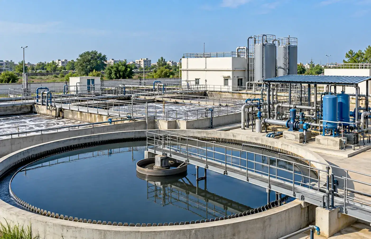 Industrial and institutional sewage treatment plant with biological treatment, clarifier and reuse infrastructure