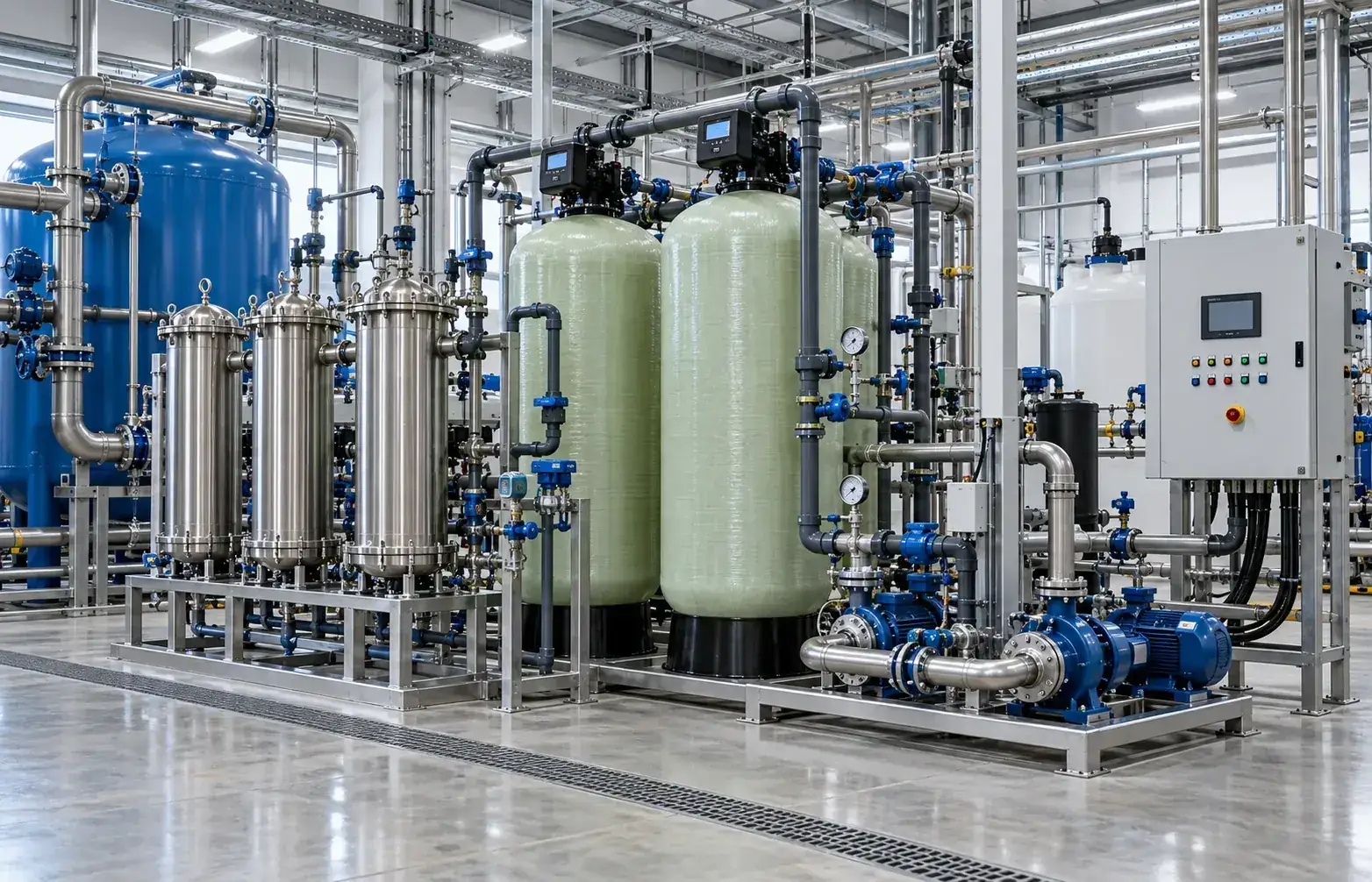 Industrial WTP and water softener system with vessels, filters, pumps and instrumentation