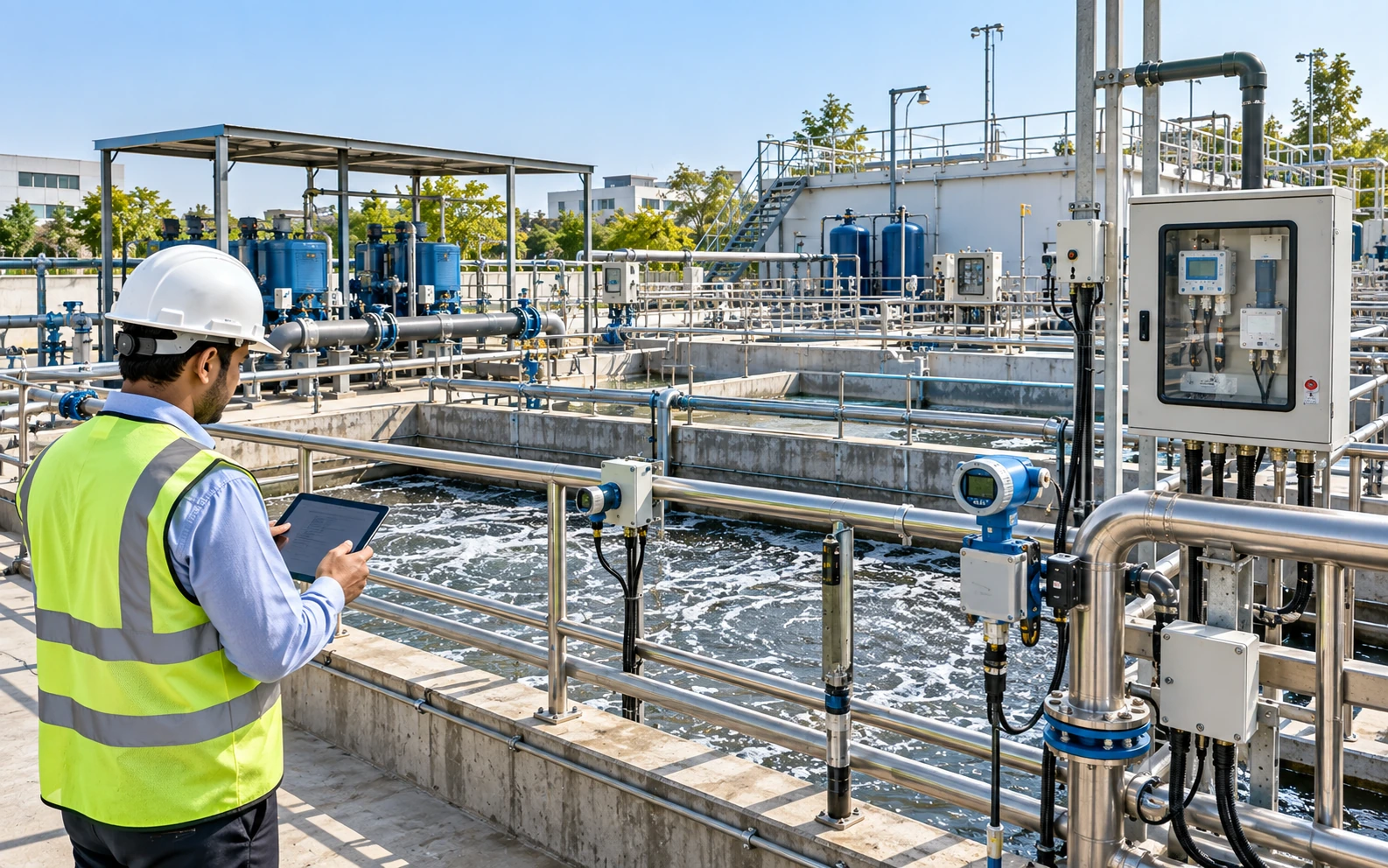 Online monitoring system connected to a Sewage Treatment Plant with flow and process sensors