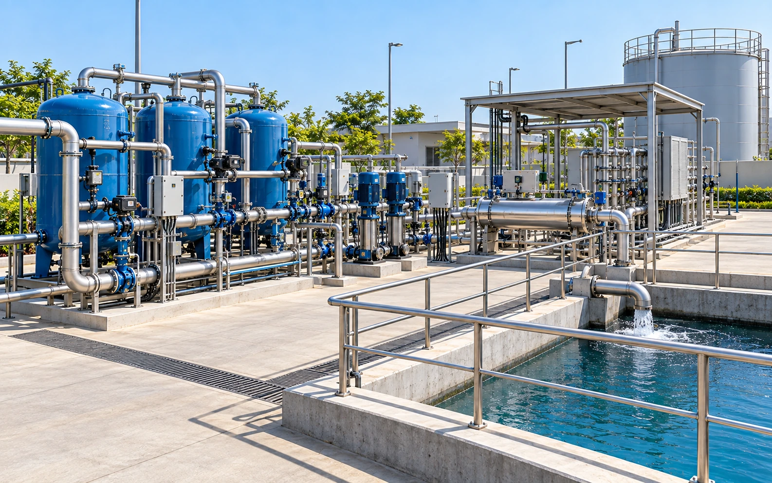 Treated sewage water reuse system with filtration and disinfection after STP treatment