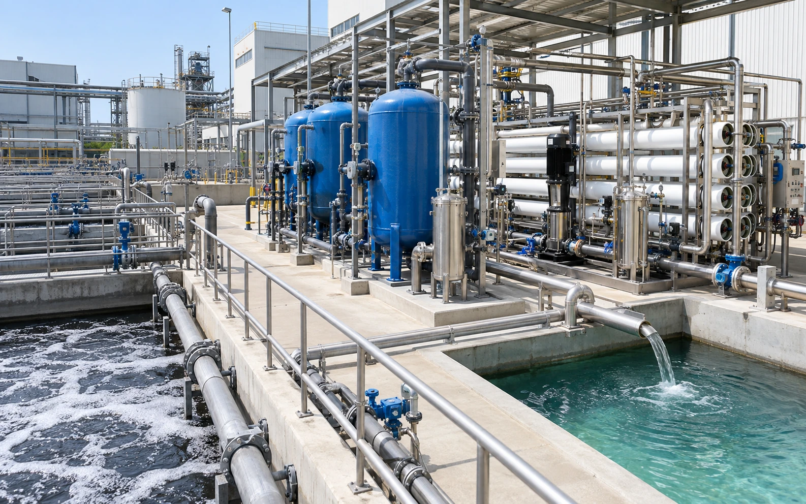 ETP treated water recovery and reuse system with filtration and industrial RO