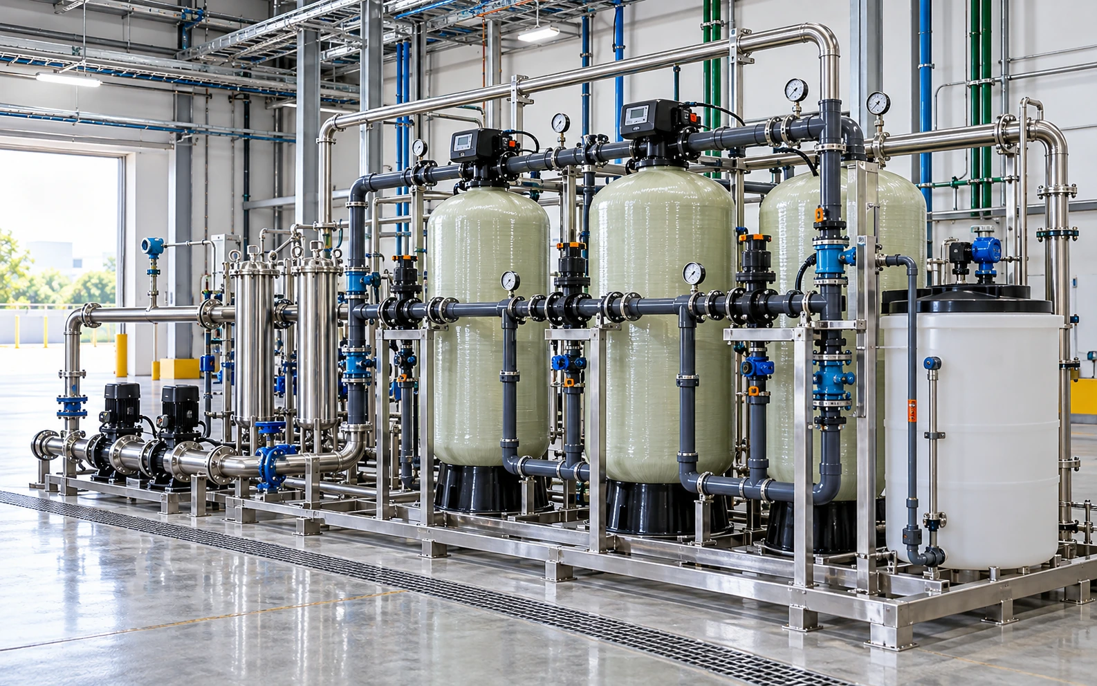 Industrial water softener system for hardness control and process water treatment