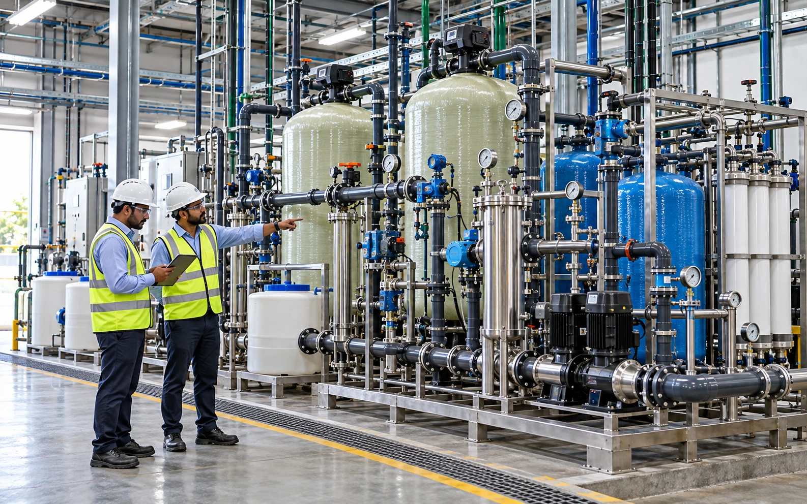 Engineers assessing an industrial WTP and softener system for troubleshooting and revamping
