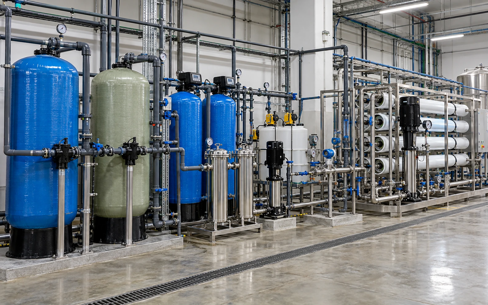 Industrial WTP and softener system providing pretreatment for reverse osmosis