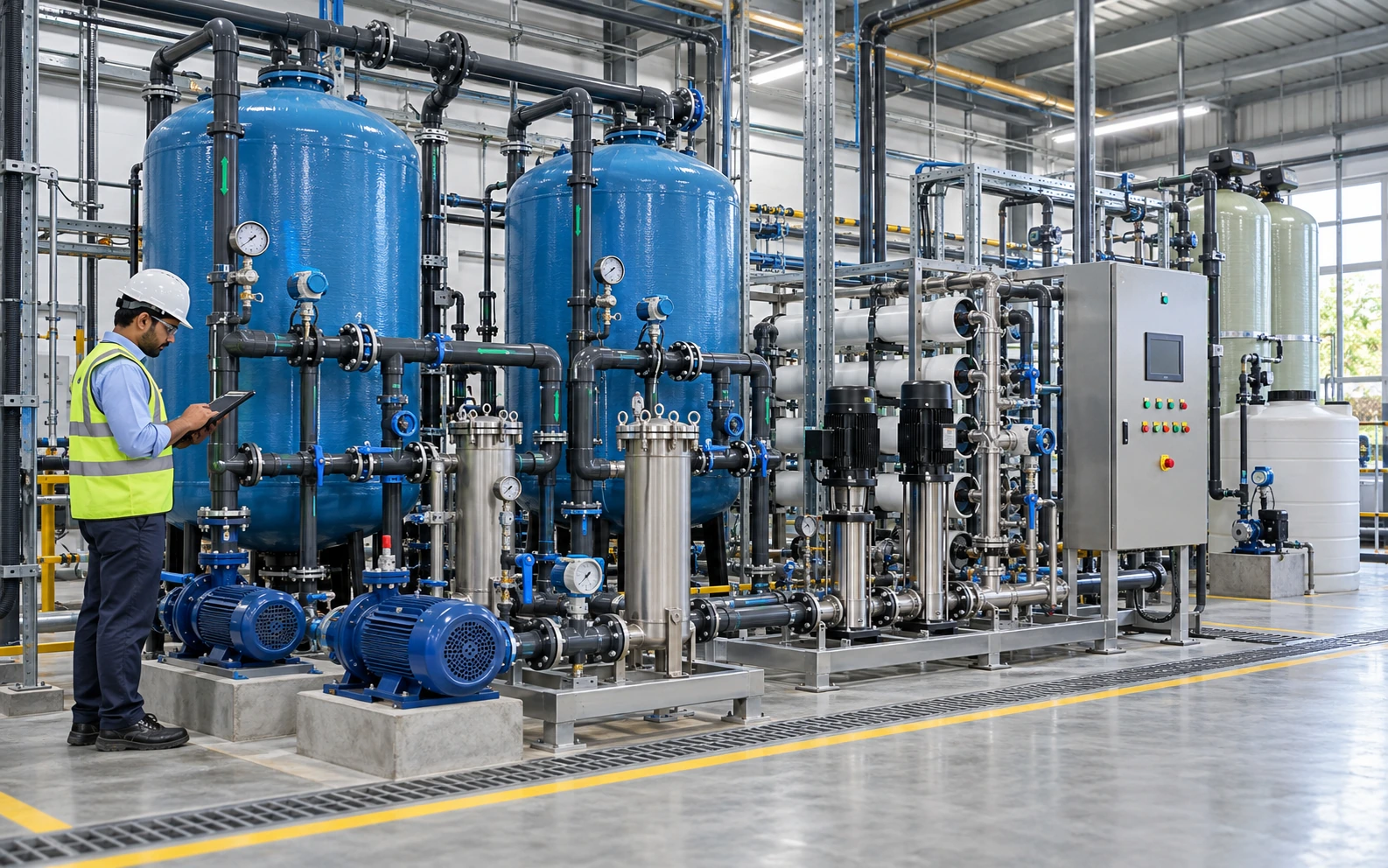Online monitoring of industrial WTP and water softener flow, pressure and water quality