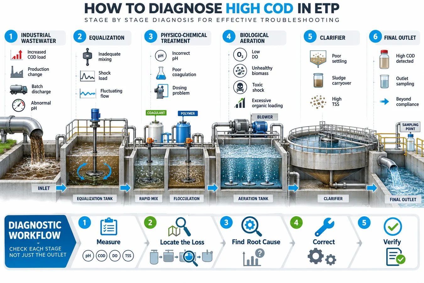 High COD in ETP root cause diagnostic process across treatment stages