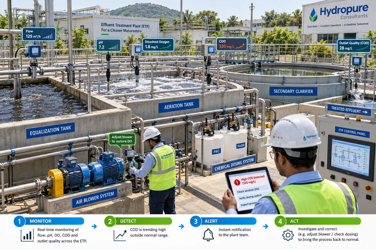 Industrial ETP online monitoring converting wastewater data into operational alerts and corrective action