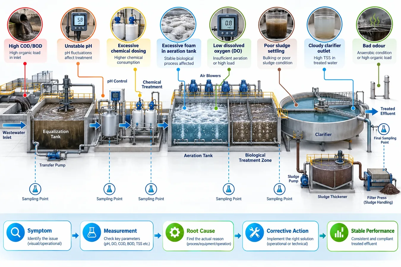 ETP troubleshooting process showing common symptoms, measurements, root causes and corrective action