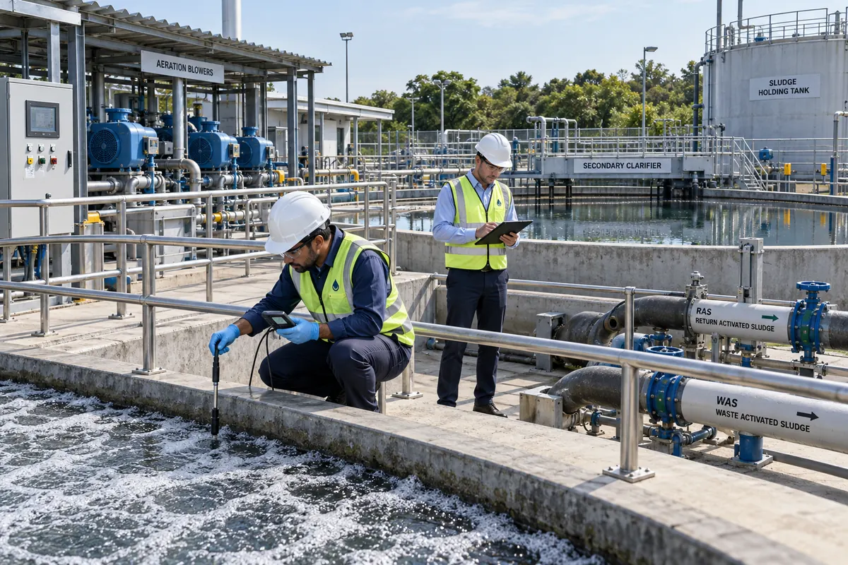 STP performance audit checking aeration, dissolved oxygen and sludge to diagnose odour