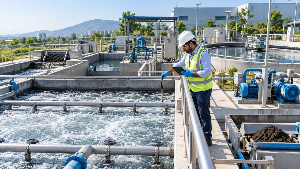 Engineer inspecting sewage treatment plant to diagnose STP smell problem